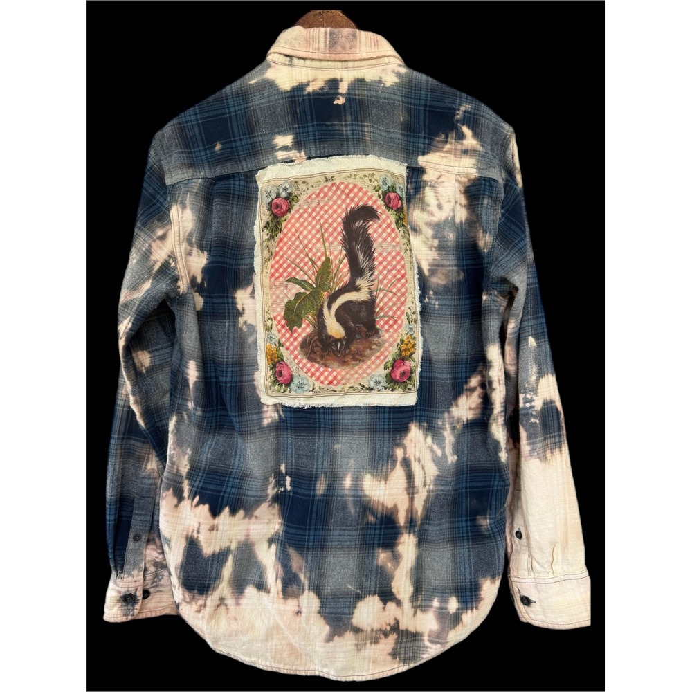 OOAK Bleached Plaid Flannel • Vintage Skunk Art Shirt • Small